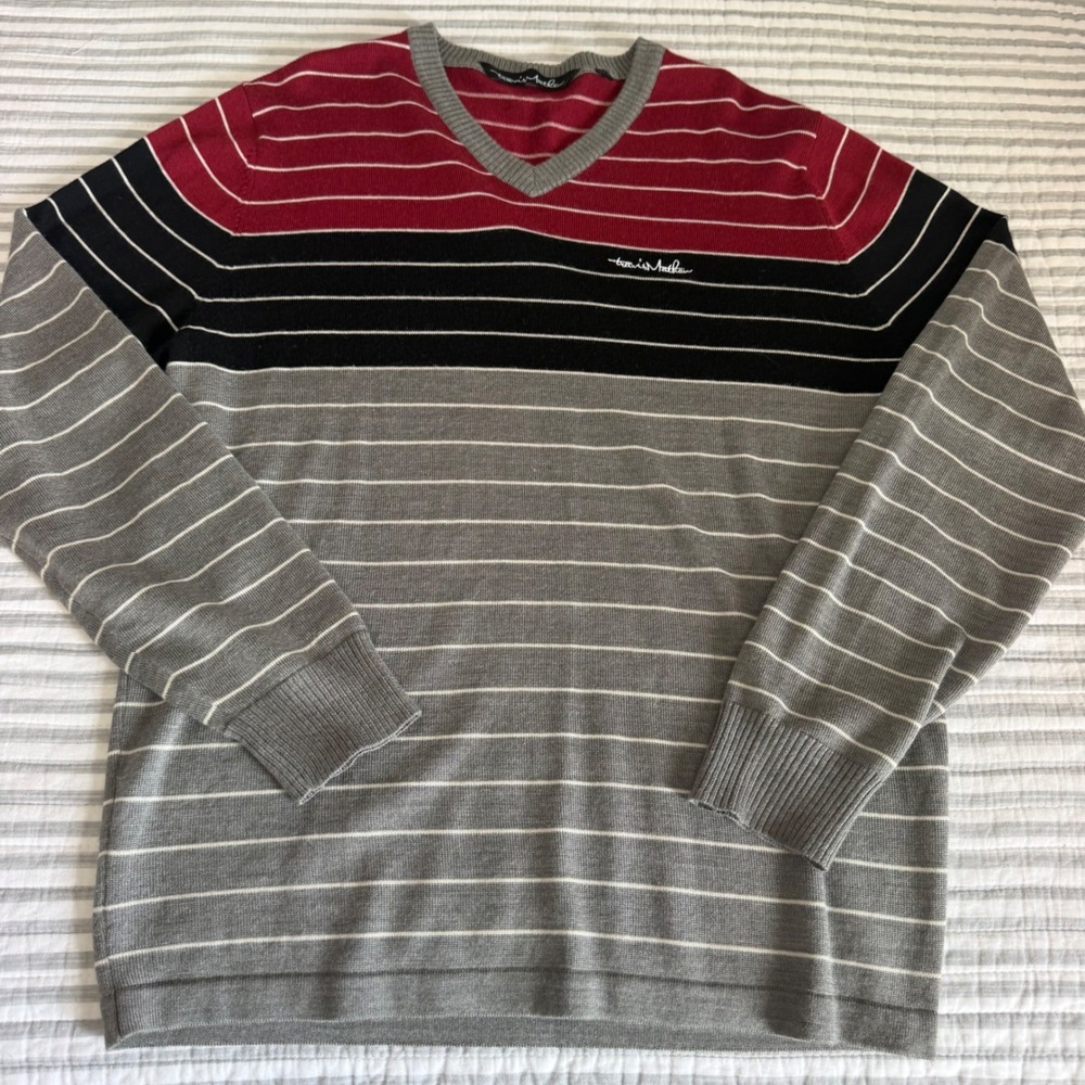 Travis Mathew Mens Large V-Neck Sweater Merino Wool Blend Striped Red Black Grey